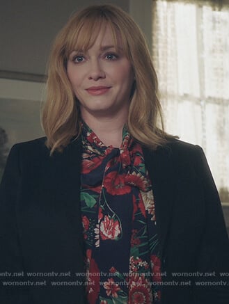 Beth’s black floral tie neck blouse on Good Girls