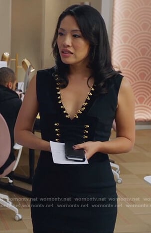 Lauren Park’s black lace up dress on The Bold Type