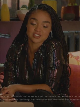 Kat’s black metallic stripe blouse on The Bold Type