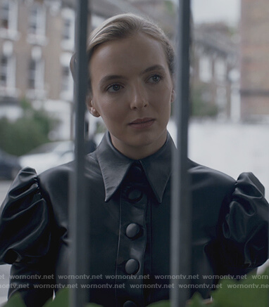 Villanelle’s black leather puff blouse on Killing Eve