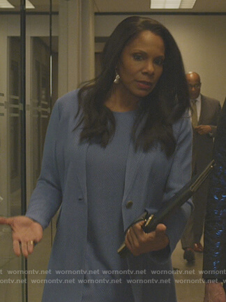 Liz’s blue ribbed jacket and dress on The Good Fight