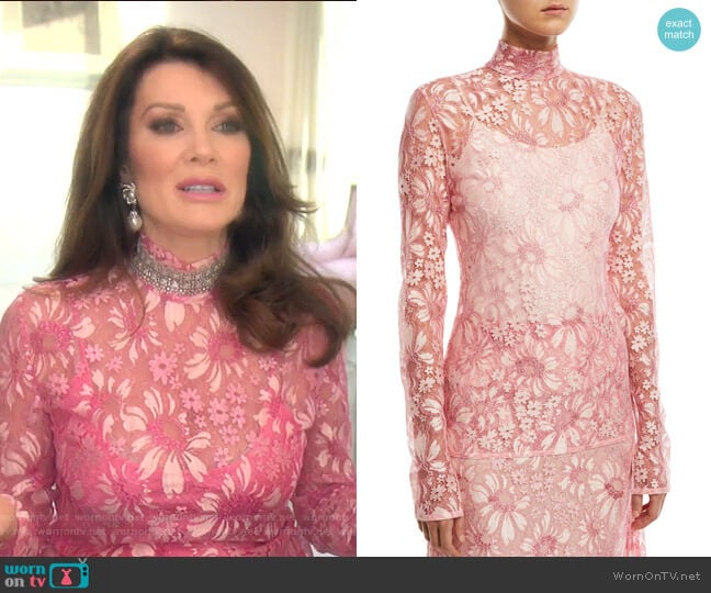 Calvin Klein 205W39NYC Mock-Neck Long-Sleeve Sheer Lace Blouse worn by Lisa Vanderpump on The Real Housewives of Beverly Hills