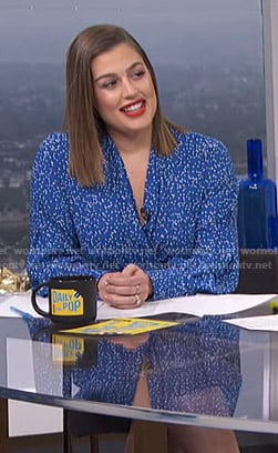 Carissa’s blue dotted wrap dress on E! News Daily Pop