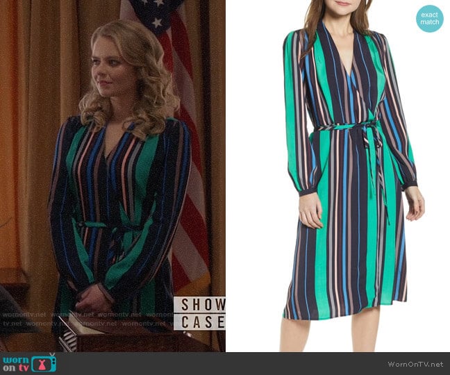 Chelsea 28 Long Sleeve Midi Wrap Dress in Green Parakeet Camilla Stripe worn by Eve Teschmacher (Andrea Brooks) on Supergirl