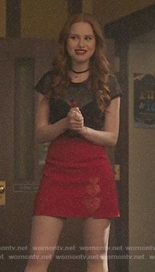 Cheryl’s cherry embroidered mesh top and red heart skirt on Riverdale