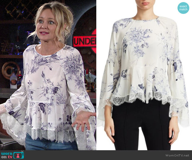 Cinq a Sept Avalon Blouse in Inky Floral worn by Sharon Newman (Sharon Case) on The Young and the Restless