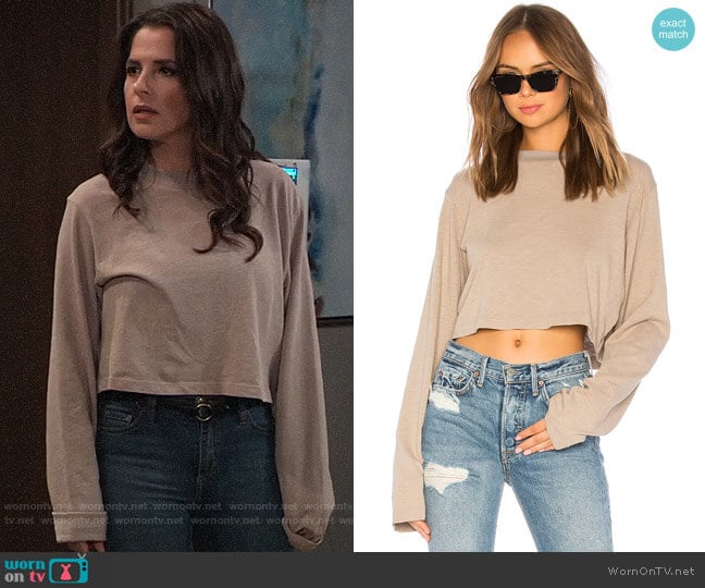 Cotton Citizen The Tokyo Crop Long Sleeve Tee in Cappucino worn by Sam McCall (Kelly Monaco) on General Hospital
