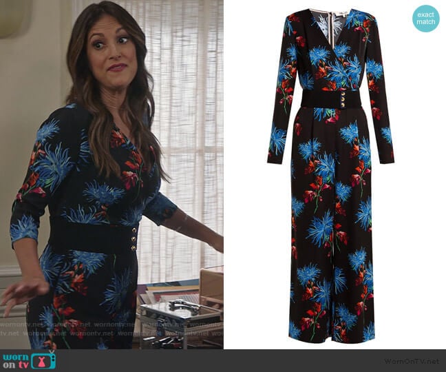 Diane von Furstenberg Hewes Floral-print Jumpsuit worn by Colleen Brandon-Ortega (Angelique Cabral) on Life in Pieces