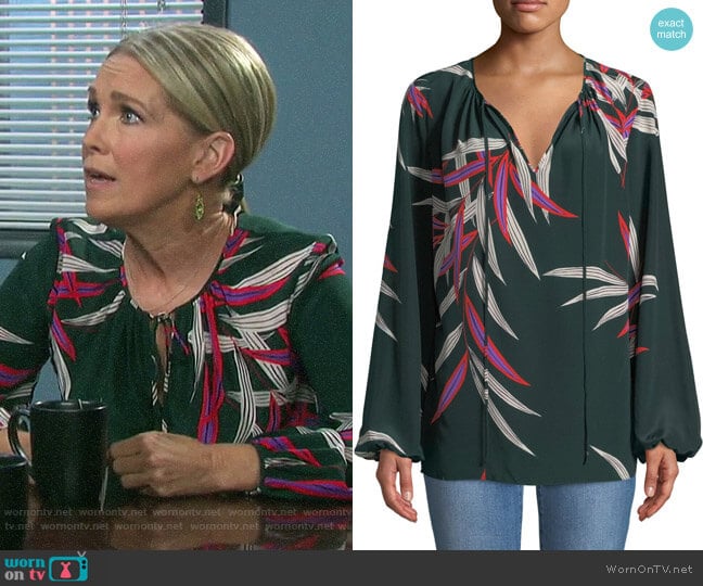 Diane von Furstenberg Silk Bird-Print Blouse worn by Jennifer Horton (Melissa Reeves) on Days of our Lives