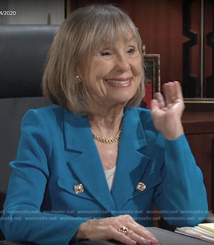 Dina’s turquoise jacket with gold buttons on The Young and the Restless