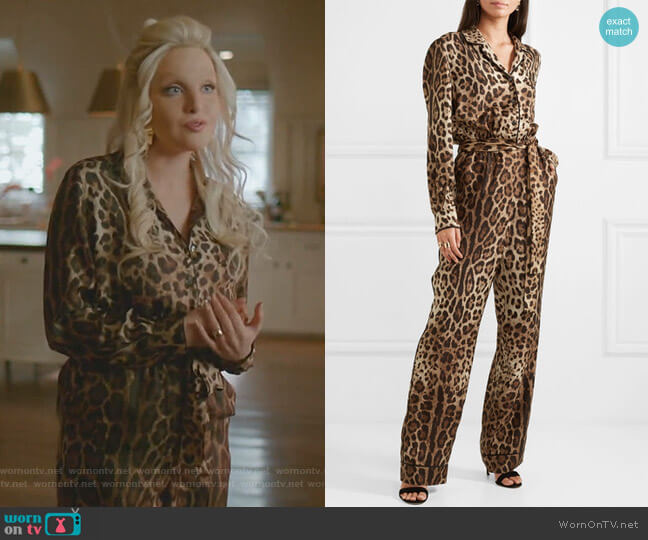 Dolce & Gabbana Leopard-Print Silk-Twill Jumpsuit worn by Alexis Carrington (Elaine Hendrix) on Dynasty