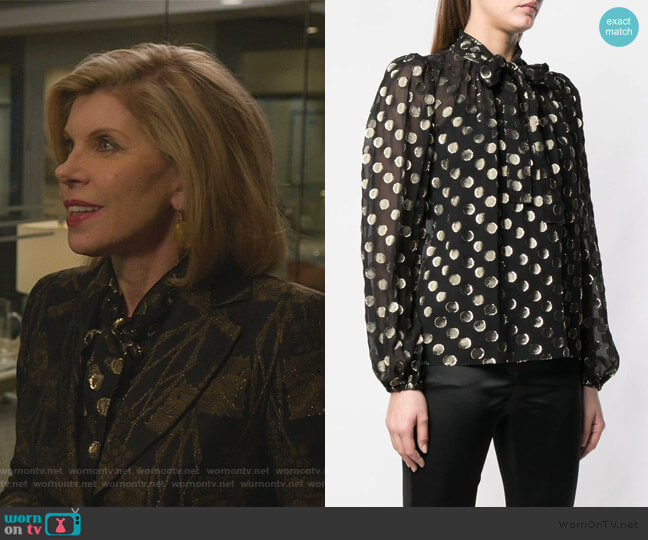 Dolce & Gabbana metallic polka dot blouse worn by Diane Lockhart (Christine Baranski) on The Good Fight