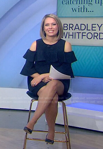 Dylan’s navy ruffled cold-shoulder dress on Today