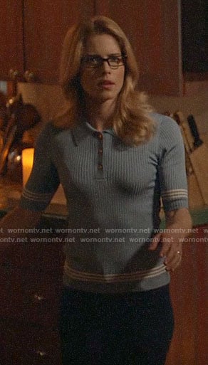 Felicity’s blue striped trim polo top on Arrow