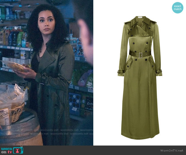 Fleur Du Mal Satin Trench Coat worn by Macy Vaughn (Madeleine Mantock) on Charmed
