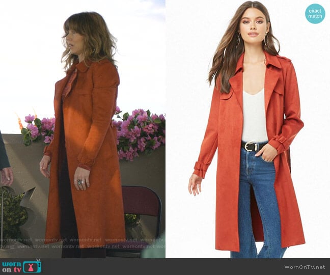 Forever 21 Faux Suede Trench Coat worn by Judy Hale (Linda Cardellini) on Dead to Me