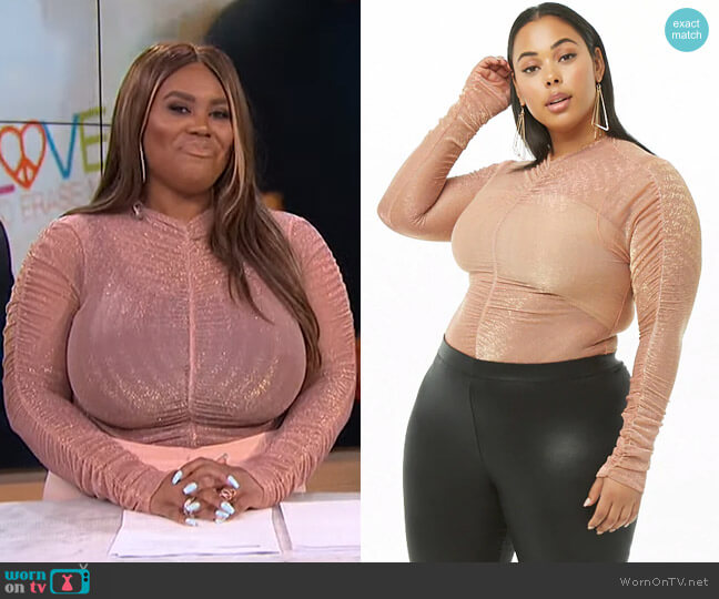Forever 21 Plus Size Sheer Metallic Ruched Bodysuit worn by Nina Parker on E! News