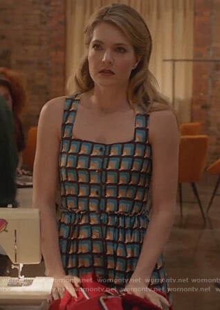 Sutton’s blue geometric print dress on The Bold Type