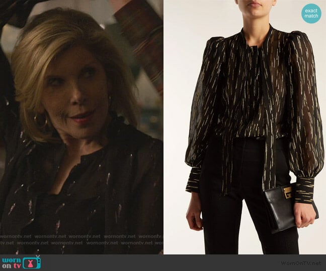 Givenchy Pussy-bow metallic blouse worn by Diane Lockhart (Christine Baranski) on The Good Fight