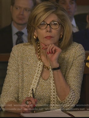 Diane’s gold tweed jacket and dress on The Good Fight
