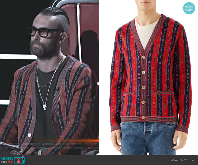 Gucci Horsebit Stripe Cardigan worn by Adam Levine on The Voice