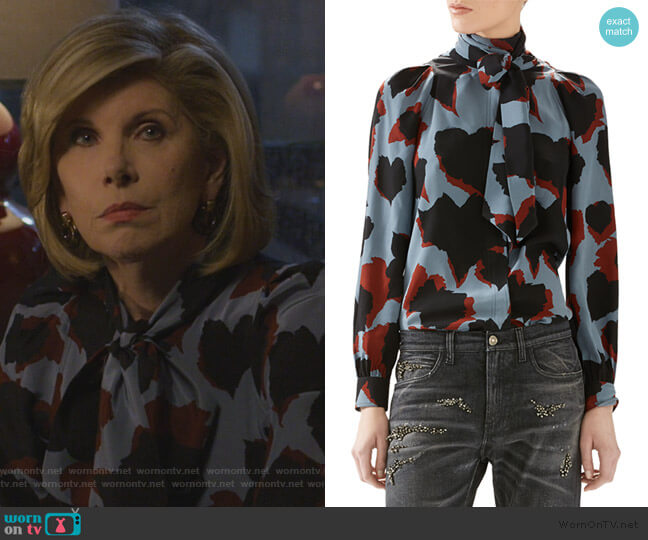 Gucci Leaves Print Silk Shirt worn by Diane Lockhart (Christine Baranski) on The Good Fight