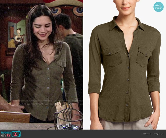 James Perse Sheer Slub Side Panel Shirt in Army Green worn by Lola Rosales (Sasha Calle) on The Young and the Restless
