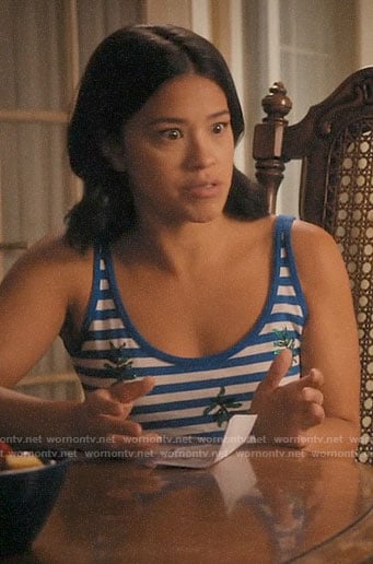 Jane’s blue striped tank top with green sequin leaves on Jane the Virgin