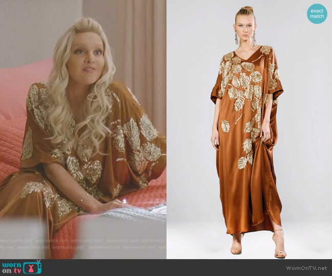 Josie Natori Couture Beaded Peacock Caftan worn by Alexis Carrington (Elaine Hendrix) on Dynasty