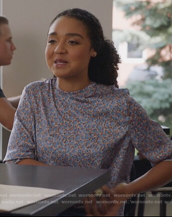 Kat’s blue printed top on The Bold Type