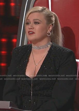 Kelly Clarkson’s black embellished wrap dress on The Voice