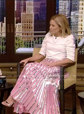 Kelly’s white ruched sleeve top and pleated skirt on Live with Kelly and Ryan