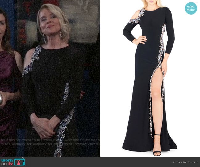 Mac Duggal Bracelet-Sleeve Embellished Jersey Gown with Asymmetrical Slit worn by Felicia Scorpio (Kristina Wagner) on General Hospital
