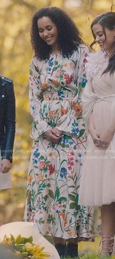 Macy’s floral blouse and maxi skirt on Charmed