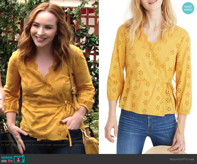Madewell Scalloped Eyelet Wrap Top in Tungsten Glow worn by Mariah Copeland (Camryn Grimes) on The Young and the Restless