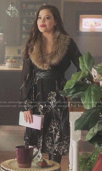 Maggie’s black floral dress with fur collar on Charmed