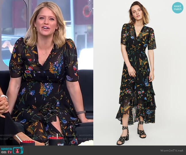 Maje Floral Maxi Dress with Ruffles worn by Sara Haines on Good Morning America