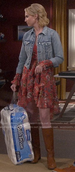 Mandy’s red floral dress and denim jacket on Last Man Standing