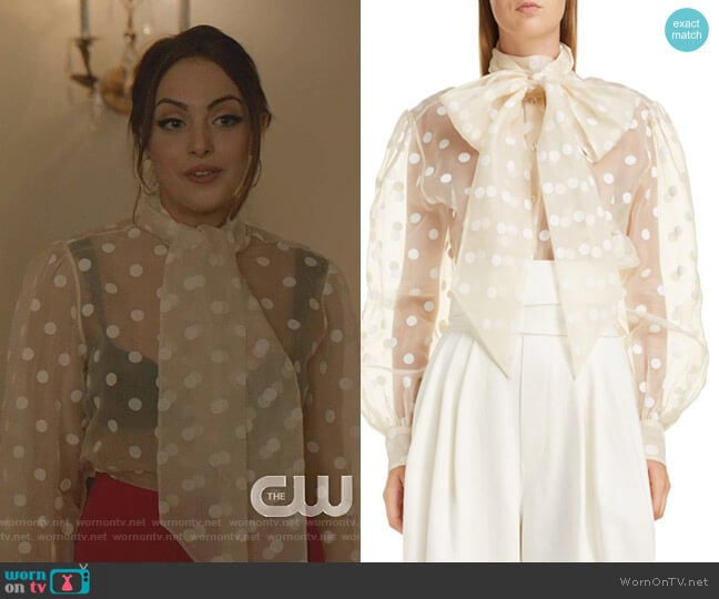 Marc Jacobs Tie Neck Polka Dot Silk Blouse worn by Fallon Carrington (Elizabeth Gillies) on Dynasty
