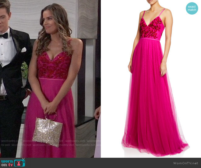 Marchesa Notte V-Neck Sleeveless Embroidered Beaded Bodice Point D'Esprit Gown worn by Sasha Gilmore (Sofia Mattsson) on General Hospital