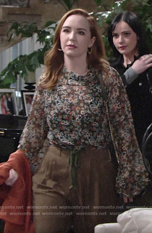 Mariah’s floral top and brown tie waist pants on The Young and the Restless