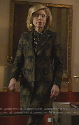 Diane’s brown check coat and blouse on The Good Fight