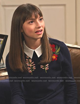 Molly’s navy floral embroidered layered sweater on No Good Nick