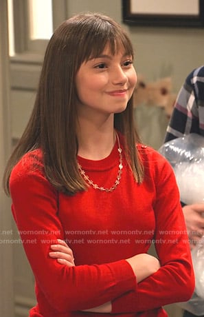 Molly’s red button shoulder sweater and polka dot jeans on No Good Nick