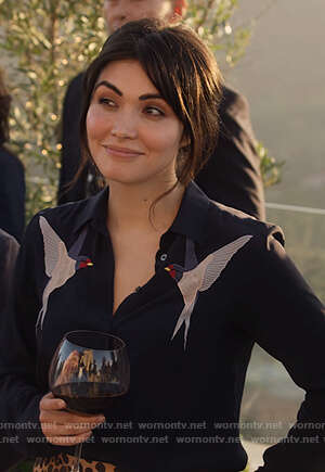 Cassidy’s navy bird embroidered blouse on What/If