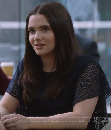 Jane’s navy lace top on The Bold Type