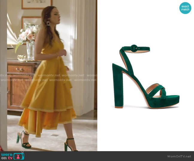 Gianvito Rossi Poppy Suede Platform Sandals worn by Fallon Carrington (Elizabeth Gillies) on Dynasty