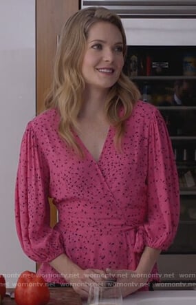 Sutton’s pink floral wrap top on The Bold Type