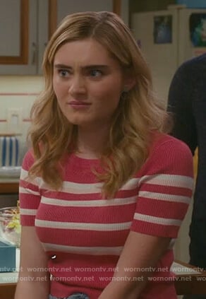 Taylor’s pink striped ribbed top on American Housewife