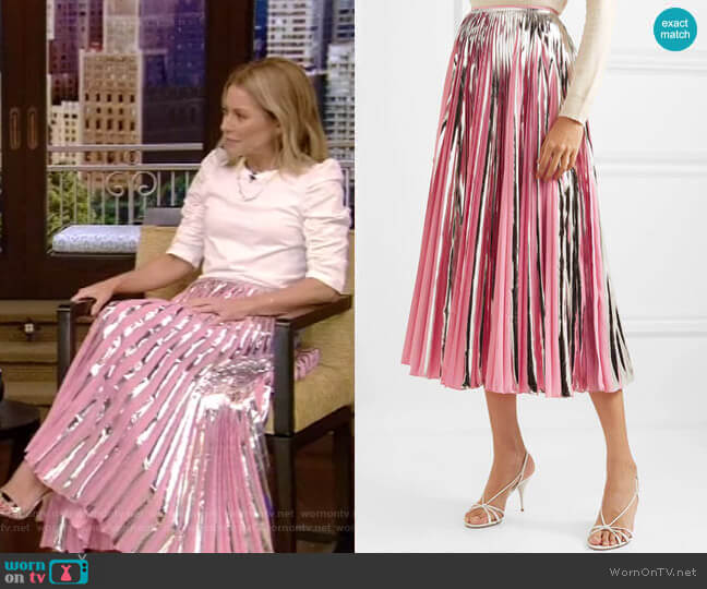 Marni Pleated Metallic Midi Skirt worn by Kelly Ripa on Live with Kelly and Mark